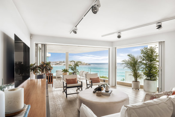 The three-bedroom, three-bathroom apartment is set on the prized Notts Avenue overlooking Bondi Beach.