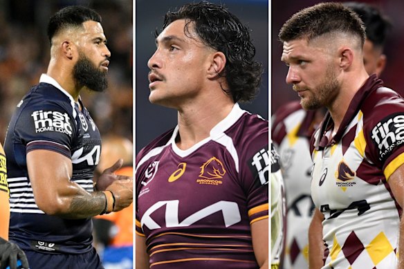 Payne Haas (left) and Corey Jensen (right) will not be available for the Broncos, while Kotoni Staggs (center) is in contention to play with the Bulldogs.