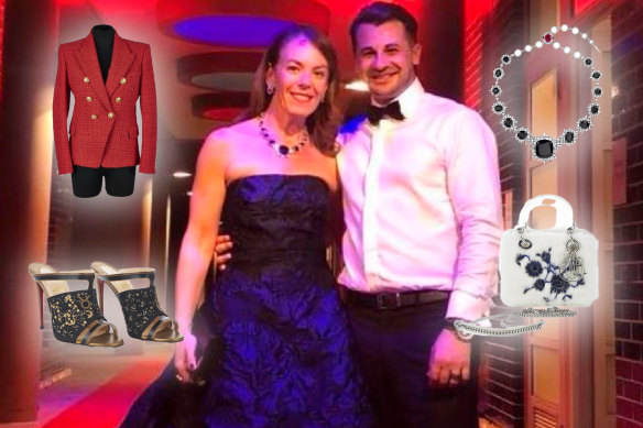 Melissa Caddick wearing the Oscar de la Renta gown that was auctioned this week, and other items that went under the hammer. She is pictured with husband Anthony Koletti.
