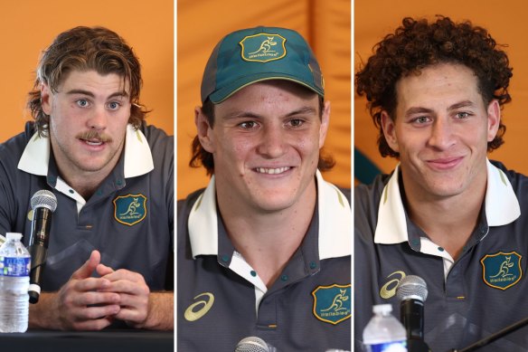 Fraser McReight, Tom Hooper and Mark Nawaqanitawase face the media in France ahead of the Rugby World Cup. 