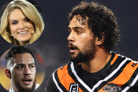 Taking sides: Erin Molan was blasted by NRL stars such as Addin Fonua-Blake (inset, left) but Wests Tigers forward Josh Aloiai has gone in to bat for the commentator.