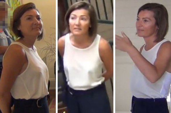 Helen Rosamond in stills taken from NSW Police footage during the execution of a search warrant at her Potts Point home on April 10, 2018.