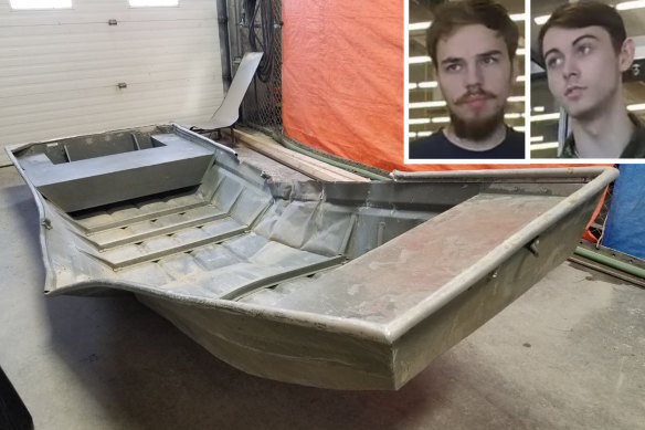 A dinghy police recently found and, inset, missing Canadian men and suspected murderers Kam McLeod and Bryer Schmegelsky.