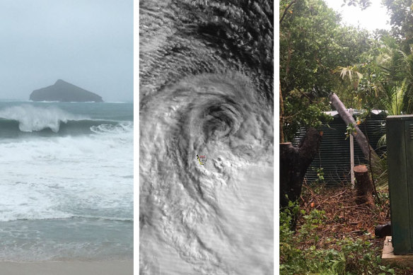 There have been large swells (L) and fallen trees (R) as ex-Tropical Cyclone Uesi hit Lord Howe Island.