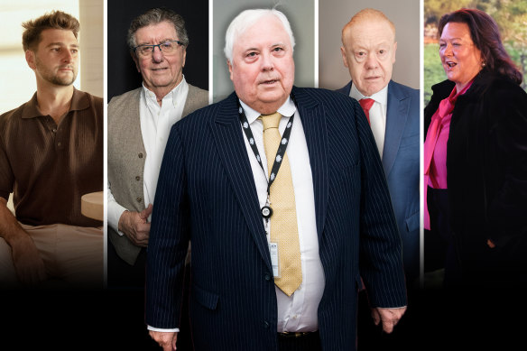 Marcus Catsaras (left), Trevor St Baker, Clive Palmer, Anthony Pratt and Gina Rinehart were named as significant political donors in forms lodged with the Australian Electoral Commission.