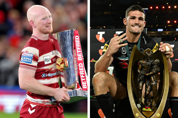 Wigan Warriors’ Liam Farrell and Penrith’s Nathan Cleary.