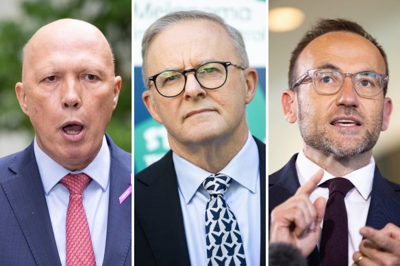 At cross-purposes on climate: Peter Dutton, Anthony Albanese and Adam Bandt.