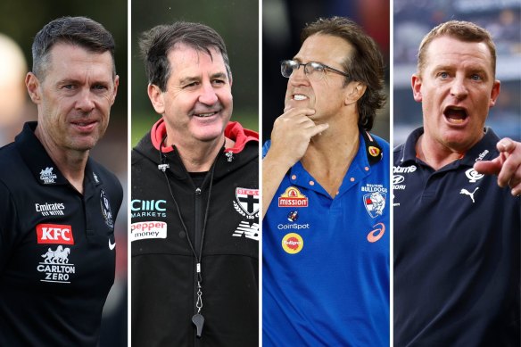 Coaches (from left) Craig McRae (Collingwood), Ross Lyon (St Kilda), Luke Beveridge (Western Bulldogs) and Michael Voss (Carlton).