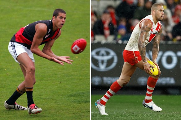 Lance Franklin at th AFL draft camp in 2004 before he was drafted by Hawthorn, and - almost 20 years later - playing for Sydney in 2023.