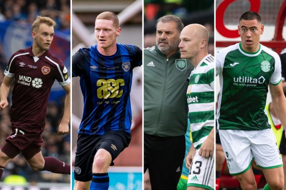 Nathaniel Atkinson, Kye Rowles, Ange Postecoglou, Aaron Mooy and Lewis Miller are part of a big Aussie contingent in the Scottish Premiership this season.