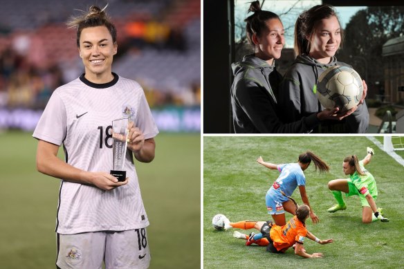 Mackenzie Arnold (main) after being named player of the series at last year’s Cup of Nations; as a youngster (top right) recruited to Canberra United with fellow goalie Trudy Burke; and scrambling desperately (bottom right) to protect the goals for Brisbane Roar in the W-League in 2020.