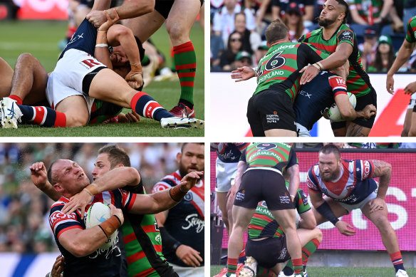 Clockwise from top left: 4th minute - Victor Radley punches Taane Milne; 18th minute - Tom Burgess collects James Tedesco; 19th minute - Burgess hits Matt Lodge high; 26th minute - Jared Waerea-Hargreaves stares down Cameron Murray. 