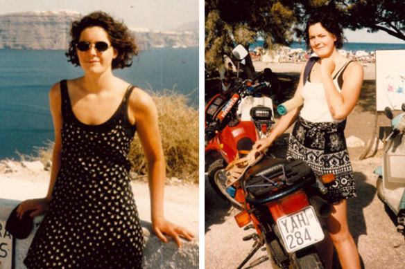 The author in Santorini, aged 19; and (right) recovering from her accident.