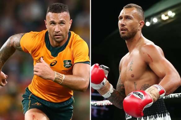 Quade Cooper playing for the Wallabies in 2021, and boxing in 2015.