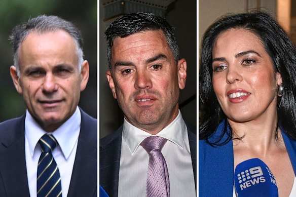 John Pesutto (left), Brad Battin and Moira Deeming.