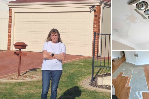 Joan Wotton and the damage to her house from leaky pipes and remediation (inset).