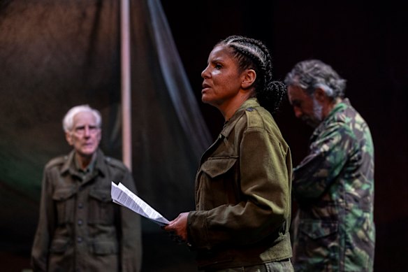 Peter Carroll, Brigid Zengeni and James Lugton in Bell Shakespeare's Julius Caesar.