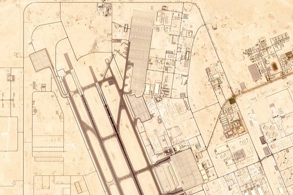A satellite image of Al Udeid Air Base outside Doha, before Iran’s missile strikes. Many US aircraft left the tarmac (top centre and left) on Wednesday.