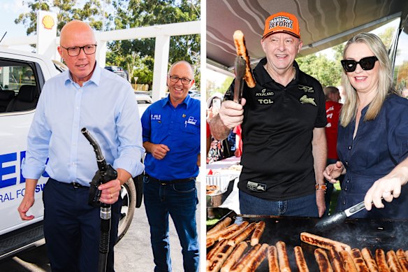 Cooking with gas: Peter Dutton and Anthony Albanese campaigning in Perth on Saturday.
