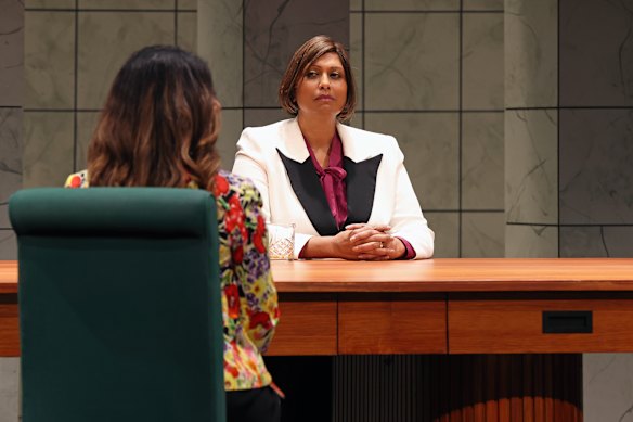 Indira Naidoo plays the prime minister in the story, which relies on witty back-and-forths for its humour.