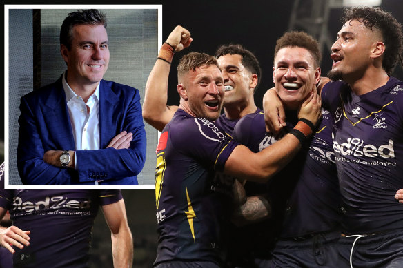 Melbourne Storm players celebrating their finals win over the Roosters last week and (inset) Matt Tripp.