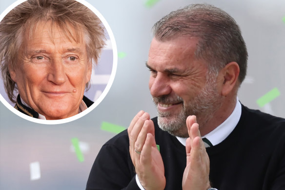 Ange Postecoglou and (inset) Rod Stewart.