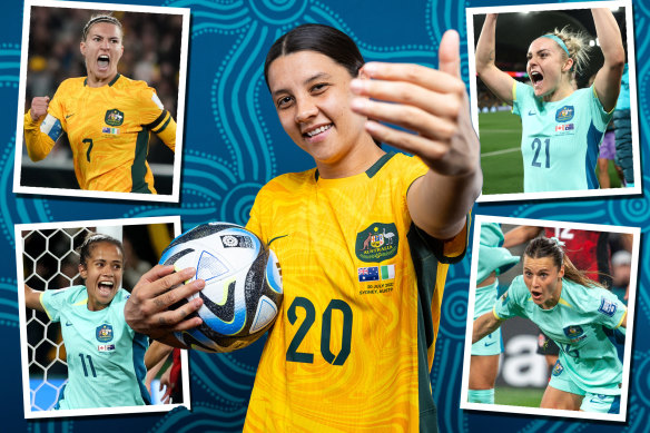 Sam Kerr (centre) with (clockwise from top left) Steph Catley, Ellie Carpenter, Hayley Raso and Mary Fowler.