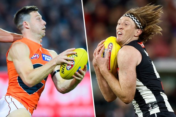 GWS captain Toby Greene is always difficult to stop. On Friday night Collingwood’s Nathan Murphy (right) will probably spend some time on the dangerous Greene.
