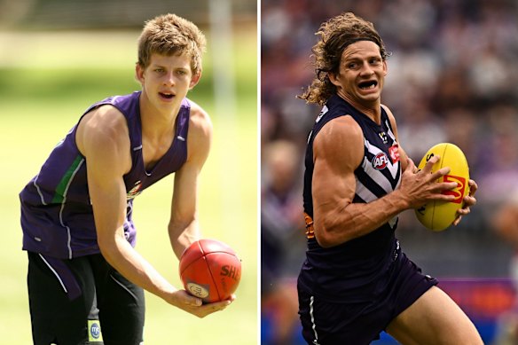 Nat Fyfe training with the Dockers after being drafted in 2009, and towards the end of his playing days. 