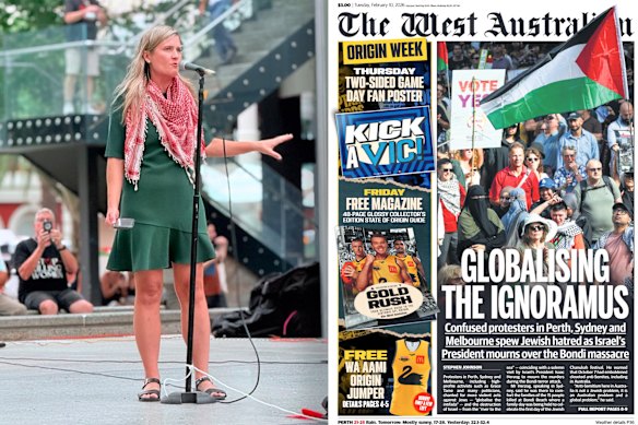 A deputada verde Sophie McNeill falando no comício em Perth na segunda-feira e, à direita, na primeira página do jornal The West Australian de terça-feira.