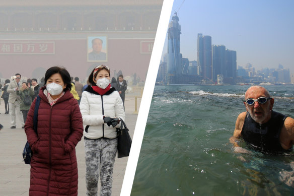 Tourists wearing face masks walk in smog at Tiananmen Square  in December 2016 and, right, Frank Heatherton of Balmain takes a dip in Sydney's harbour on Thursday.