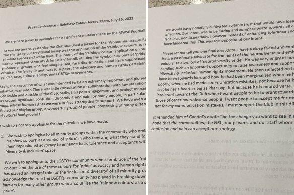 The typewritten speech delivered by Des Hasler at the media conference on Tuesday.