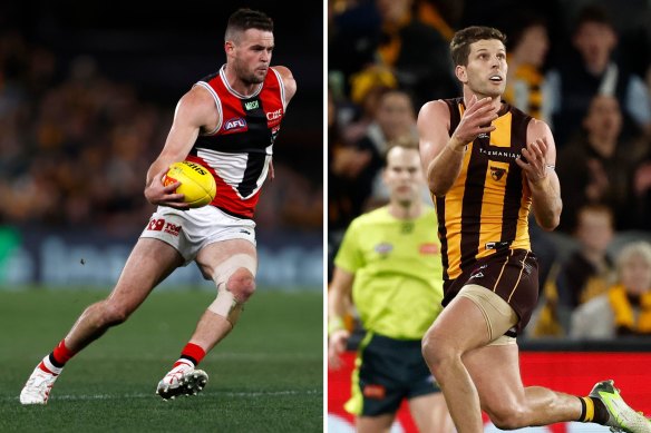 Brad Crouch (St Kilda) and Luke Breust (Hawthorn) were among the best players on the ground at Marvel Stadium on Sunday.