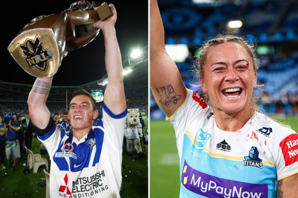Sonny Bill Williams lifting the NRL premiership trophy in 2004 and his sister Niall Williams-Guthrie celebrating after the Titans won their 2023 NRLW semi-final.