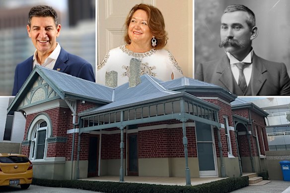 From left: former Perth lord mayor Basil Zempilas, billionaire proponent of the development Gina Rinehart, and the property’s first resident William Walter.