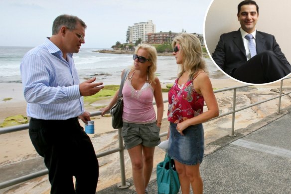 Scott Morrison, speaking with locals at Cronulla Beach in the lead up to the 2007 federal election, and (inset)
Michael Towke.