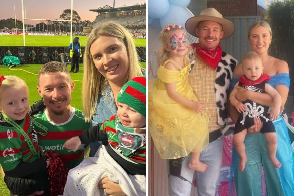 Damien Cook celebrates his daughter Willow’s fourth birthday with a Disney themed party in October (right). Also pictured with his wife Courtney, daughter Willow and son Jagger after a Rabbitohs game last year (left).