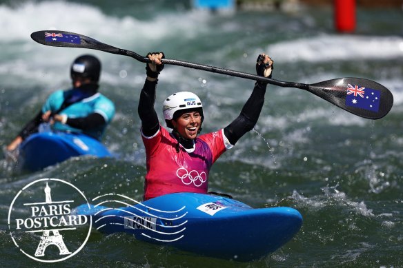 Noemie Fox wins  the kayak cross.