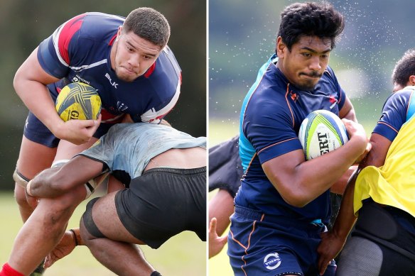 Manny Meafou (left), playing for Melbourne Rising in 2017, and Will Skelton (right) with the Waratahs in 2014.