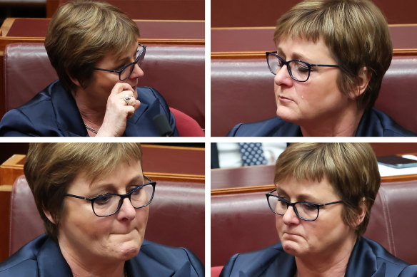 Defence Minister Linda Reynolds became emotional during question time after earlier delivering her statement to Parliament.