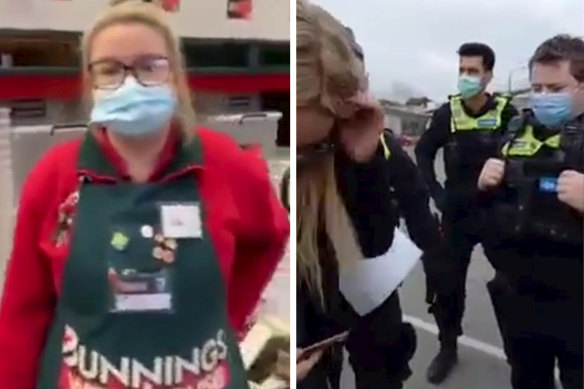 Left, a Bunnings worker speaks with a woman who is refusing to wear a mask. Right, the woman confronts police.