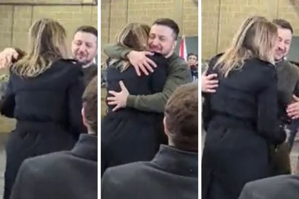 BBC journalist Natalia Goncharova hugs Volodymyr Zelensky.