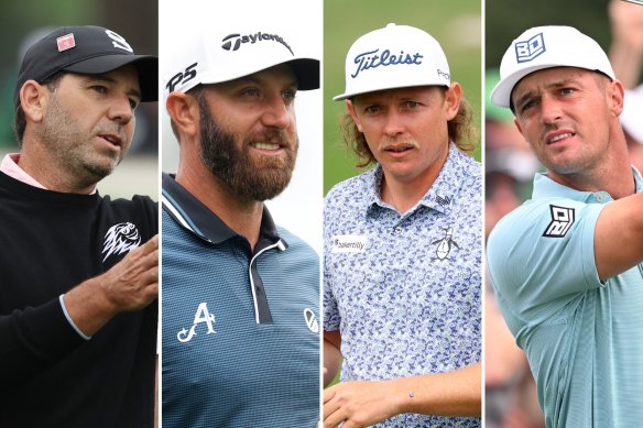 LIV golfers (from left) Sergio Garcia, Dustin Johnson, Cameron Smith and Bryson DeChambeau all wore team logos during the first round of practice at the US Masters.