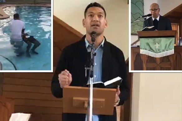 Main: Israel Folau giving a sermon. Left: A baptism taking place at Eni Folau’s mansion in Kenthurst. Right: Eni Folau, Israel Folau's father. 