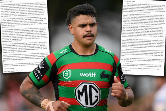 The differing letters from Rod Churchill about Latrell Mitchell. The one on the left was leaked to The Daily Telegraph, the one on the right was sent to Souths. We have removed some of the more sensitive parts of the messages.