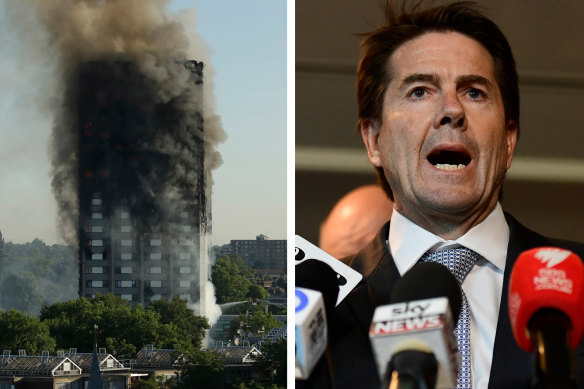 NSW Minister for Better Regulation Kevin Anderson and the Grenfell Tower building in west London. Photo: AP/AAP