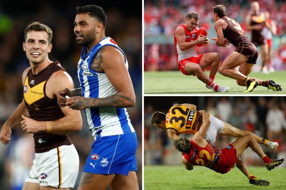 Hawthorn’s Finn Maginness, who often gets assigned a specific job by coach Sam Mitchell, comes to grips with North Melbourne’s Tarryn Thomas (main), Sydney’s Tom Papley (top right) and Izak Rankine (bottom right), when Rankine was at Gold Coast last season.