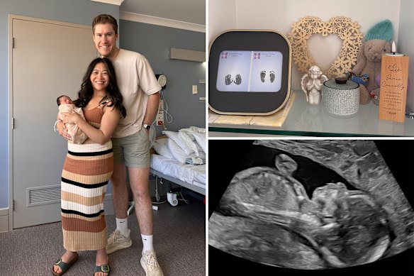 9News Perth presenter Tracy Vo and her partner Liam, with their daughter Mila. Tracy and Liam have a shrine to remember their son James, who they lost during pregnancy. 