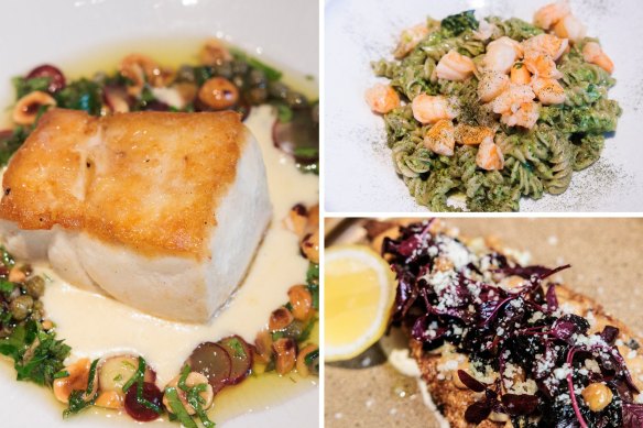 The Grana dishes, clockwise from left: The fillet of blue eye; fusilli with pistachio pesto and prawns; eggplant cotoletta. 