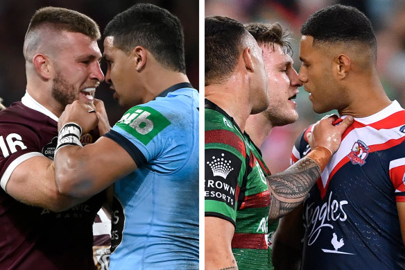 Aggressor ... but not a fighter: Jai Arrow fronts up to Cody Walker in Origin, and Roosters rival Daniel Suluka-Fifita.